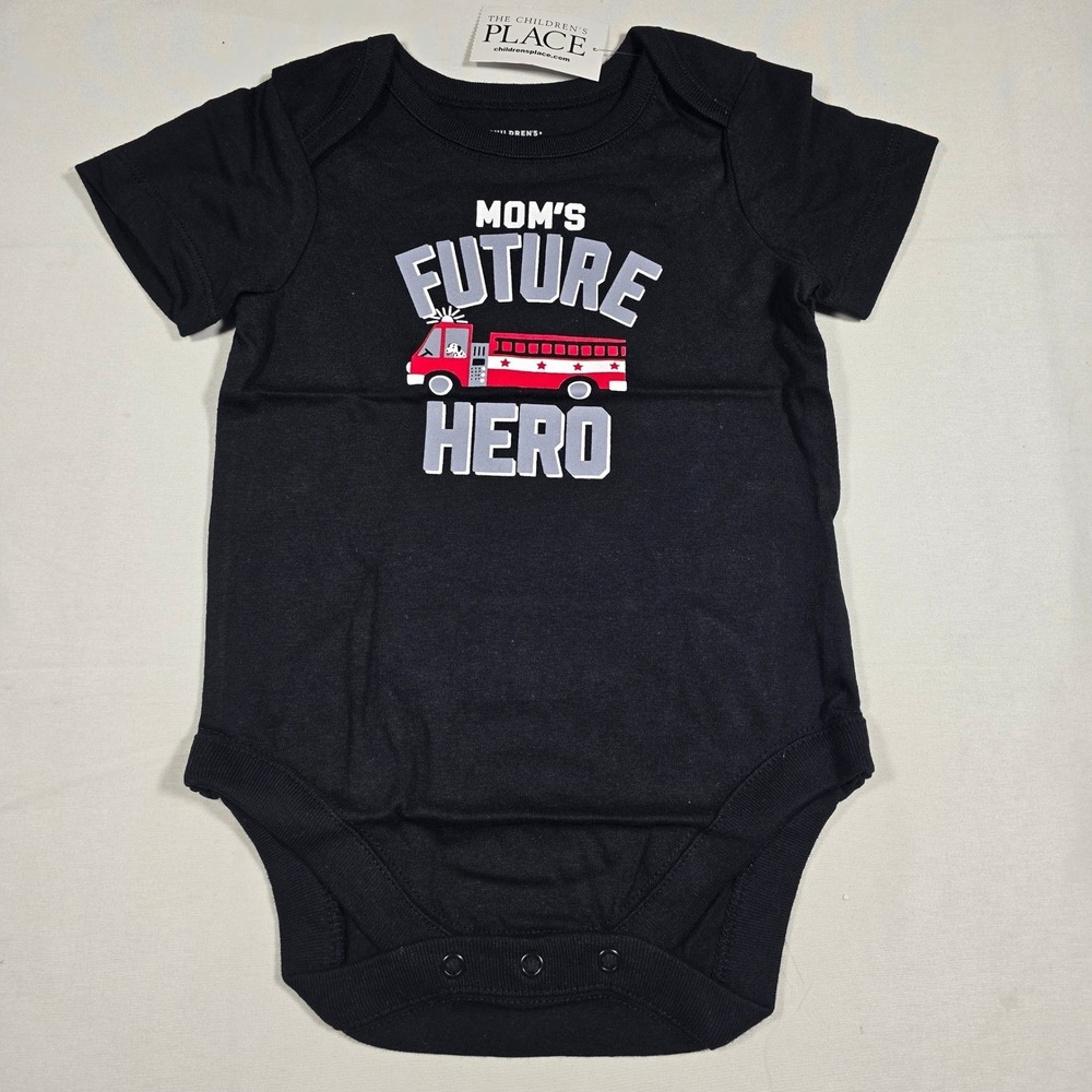 Children's Place Baby Boys 3-6M Black Moms Future Hero Fire Truck Bodysuit NWT